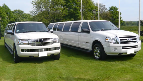 White 12 and 14-seater Hummer limousine style SUVs